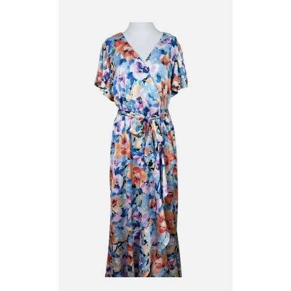 Nicole Miller Dress L Multicolor Floral Maxi Faux Wrap Ruffle Satin V-Neck Belt - Picture 4 of 7